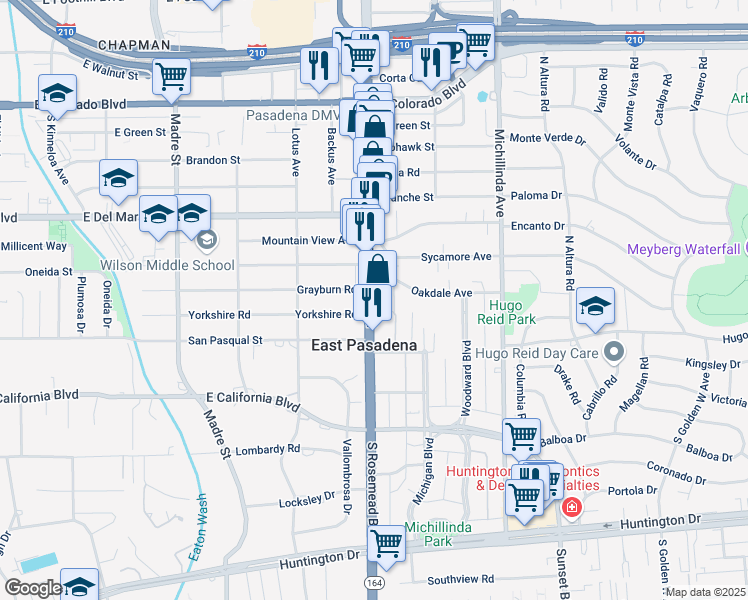 map of restaurants, bars, coffee shops, grocery stores, and more near 3726 Oakdale Avenue in Pasadena