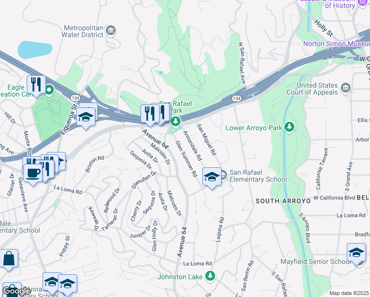 map of restaurants, bars, coffee shops, grocery stores, and more near 110 Glen Summer Road in Pasadena