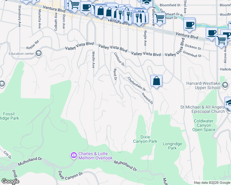 map of restaurants, bars, coffee shops, grocery stores, and more near 3739 Ventura Canyon Avenue in Los Angeles