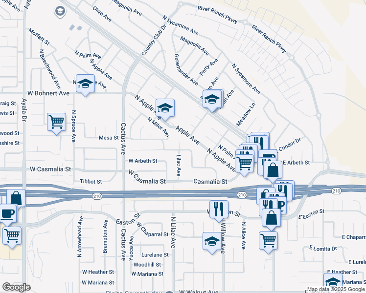 map of restaurants, bars, coffee shops, grocery stores, and more near 19538 Cheshire Street in Rialto