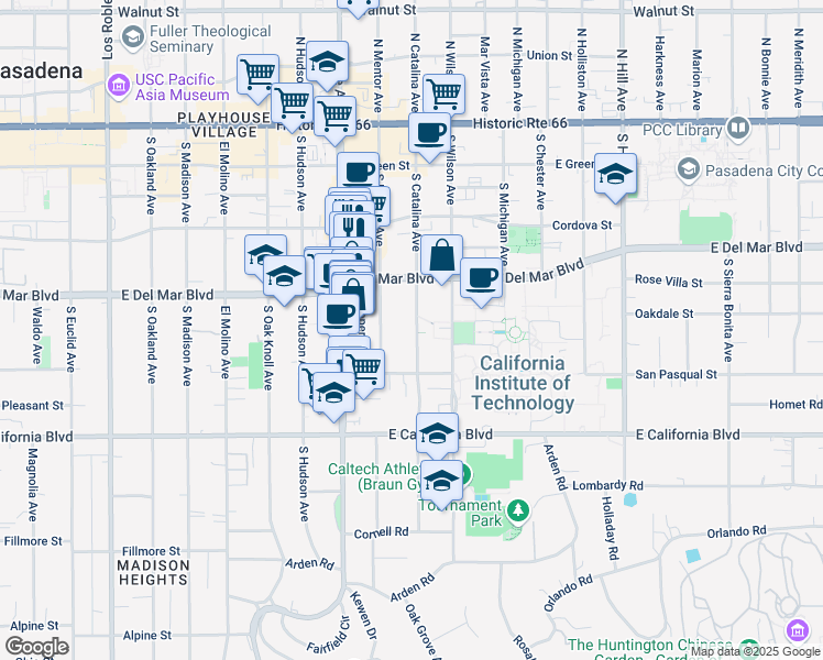 map of restaurants, bars, coffee shops, grocery stores, and more near 385 South Catalina Avenue in Pasadena