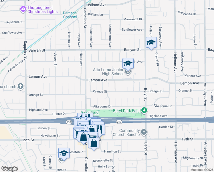 map of restaurants, bars, coffee shops, grocery stores, and more near 6340 Sacramento Avenue in Rancho Cucamonga