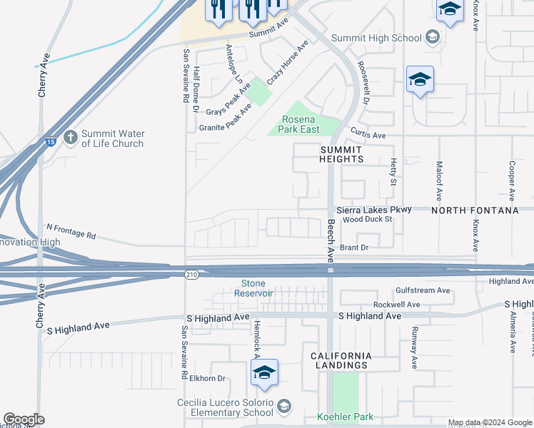 map of restaurants, bars, coffee shops, grocery stores, and more near 15162 Ledgestone Street in Fontana