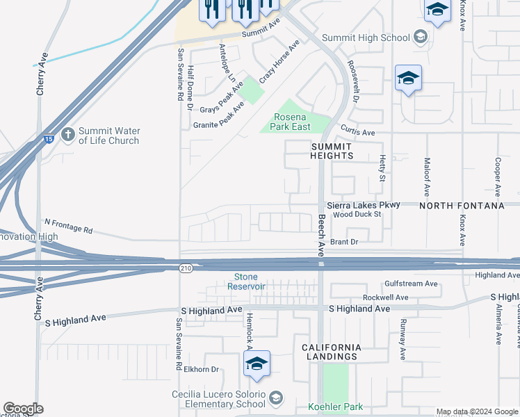 map of restaurants, bars, coffee shops, grocery stores, and more near 15162 Ledgestone Street in Fontana