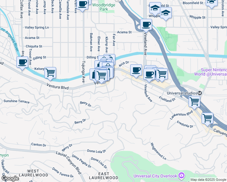 map of restaurants, bars, coffee shops, grocery stores, and more near 11268 Sunshine Terrace in Los Angeles