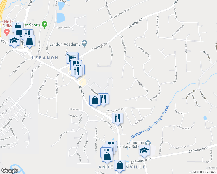 map of restaurants, bars, coffee shops, grocery stores, and more near 530 Fox Creek Crossing in Woodstock