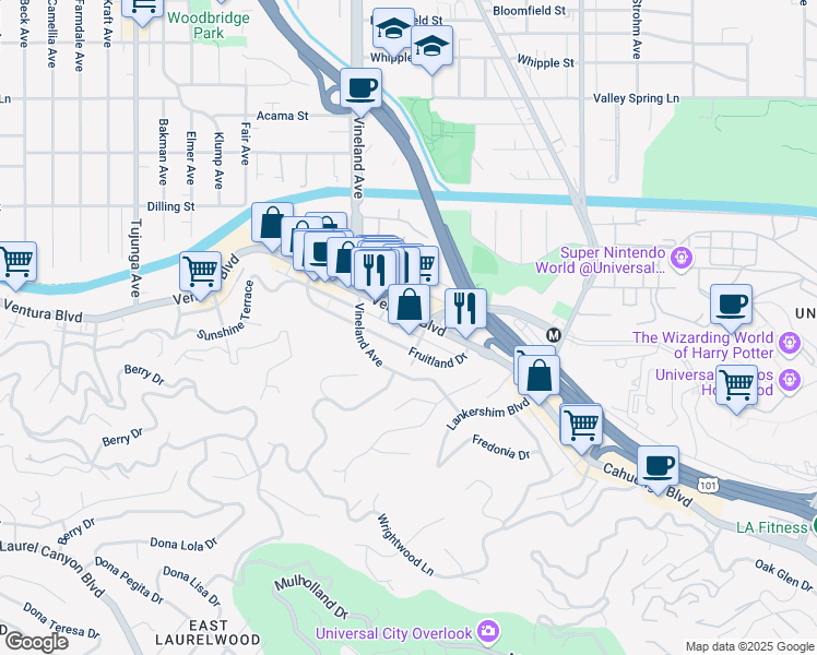 map of restaurants, bars, coffee shops, grocery stores, and more near 10901 Ventura Boulevard in Los Angeles