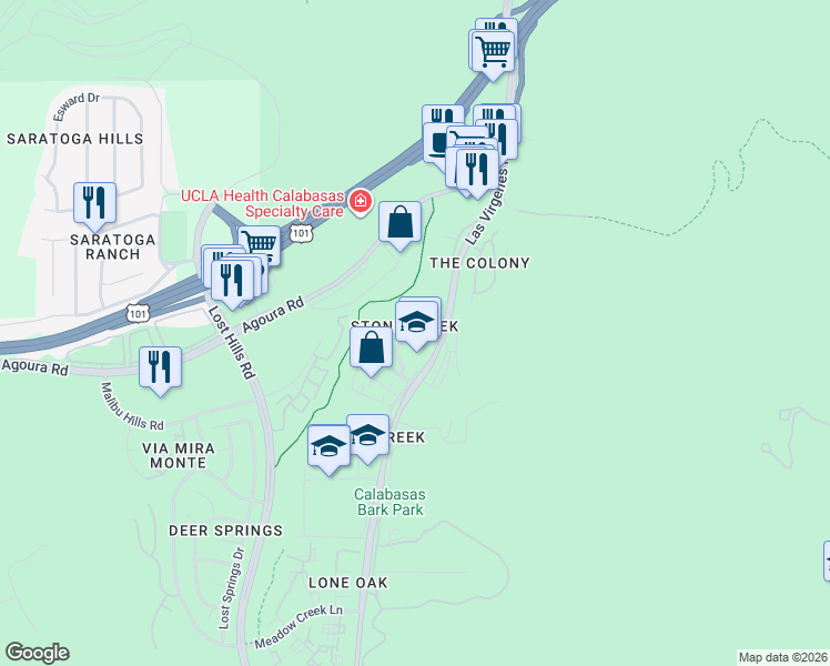 map of restaurants, bars, coffee shops, grocery stores, and more near 4364 Oak Glen Street in Calabasas