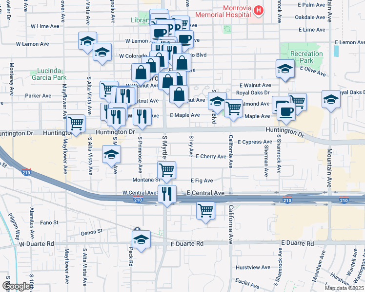 map of restaurants, bars, coffee shops, grocery stores, and more near 134 East Cypress Avenue in Monrovia