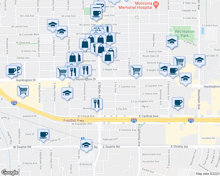 map of restaurants, bars, coffee shops, grocery stores, and more near 134 East Cypress Avenue in Monrovia