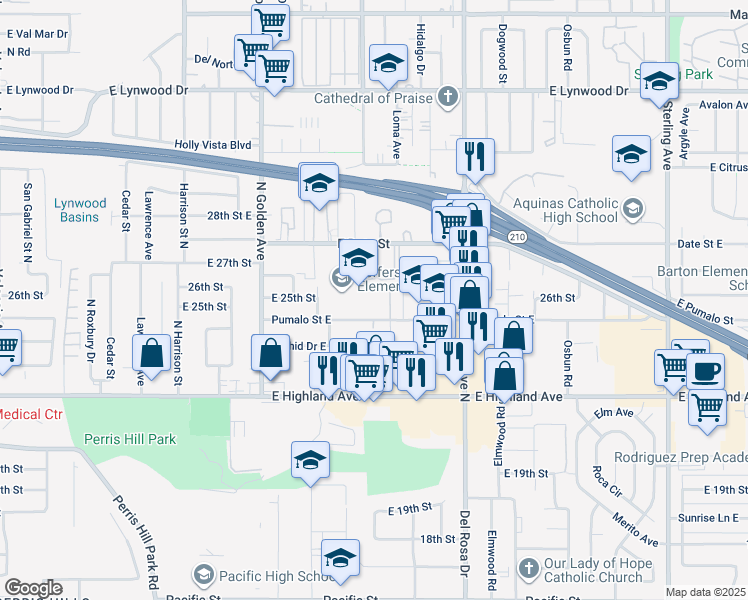map of restaurants, bars, coffee shops, grocery stores, and more near 1342 Pumalo Street East in San Bernardino