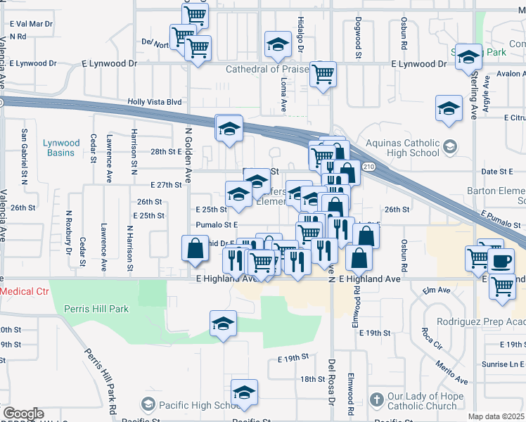 map of restaurants, bars, coffee shops, grocery stores, and more near 1342 Pumalo Street East in San Bernardino