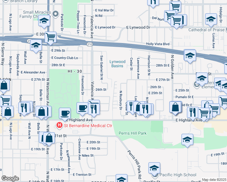 map of restaurants, bars, coffee shops, grocery stores, and more near 2665 La Veta Street in San Bernardino