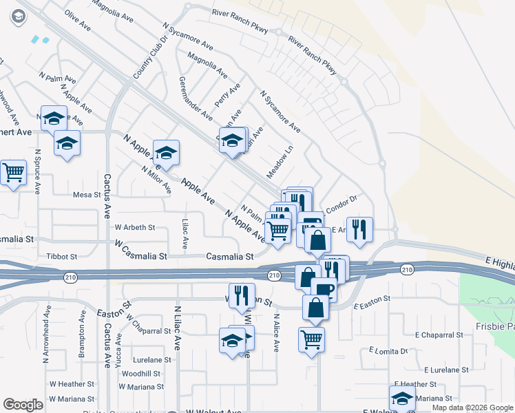map of restaurants, bars, coffee shops, grocery stores, and more near 2108 North Orange Avenue in Rialto