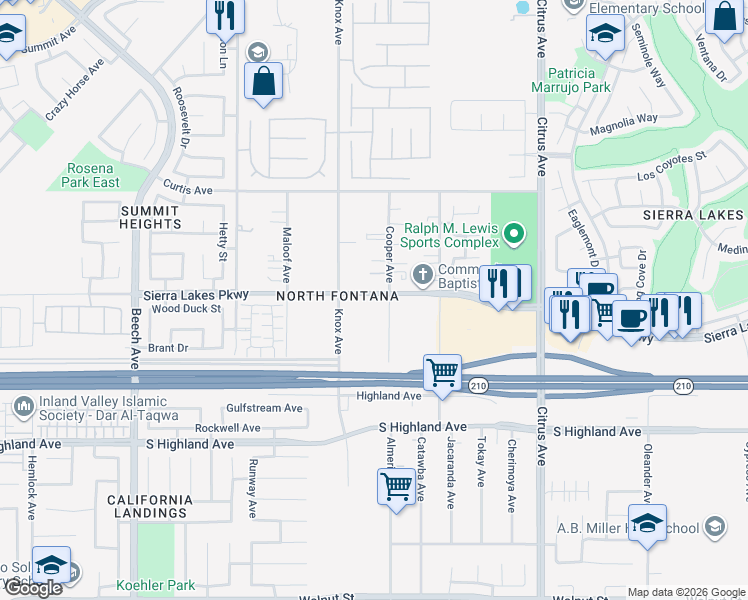 map of restaurants, bars, coffee shops, grocery stores, and more near 6268 Cooper Avenue in Fontana