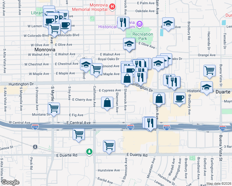 map of restaurants, bars, coffee shops, grocery stores, and more near in Monrovia