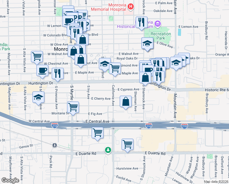 map of restaurants, bars, coffee shops, grocery stores, and more near 404 East Huntington Drive in Monrovia