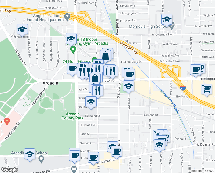 map of restaurants, bars, coffee shops, grocery stores, and more near 118 East Huntington Drive in Arcadia