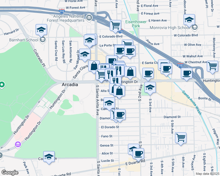 map of restaurants, bars, coffee shops, grocery stores, and more near 54 East Huntington Drive in Arcadia