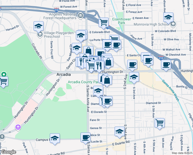 map of restaurants, bars, coffee shops, grocery stores, and more near 16 West Historic Route 66 in Arcadia