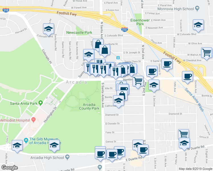 map of restaurants, bars, coffee shops, grocery stores, and more near 16 West Historic Route 66 in Arcadia