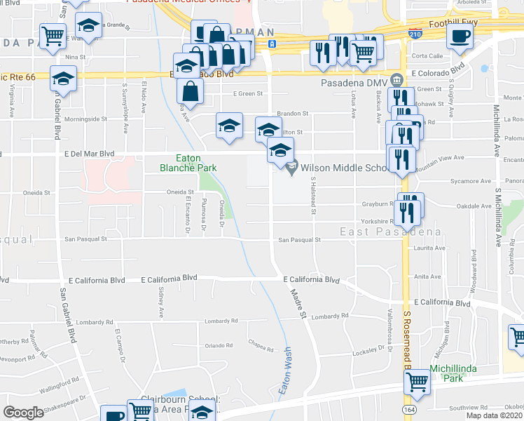 map of restaurants, bars, coffee shops, grocery stores, and more near 3360 Thorndale Road in Pasadena