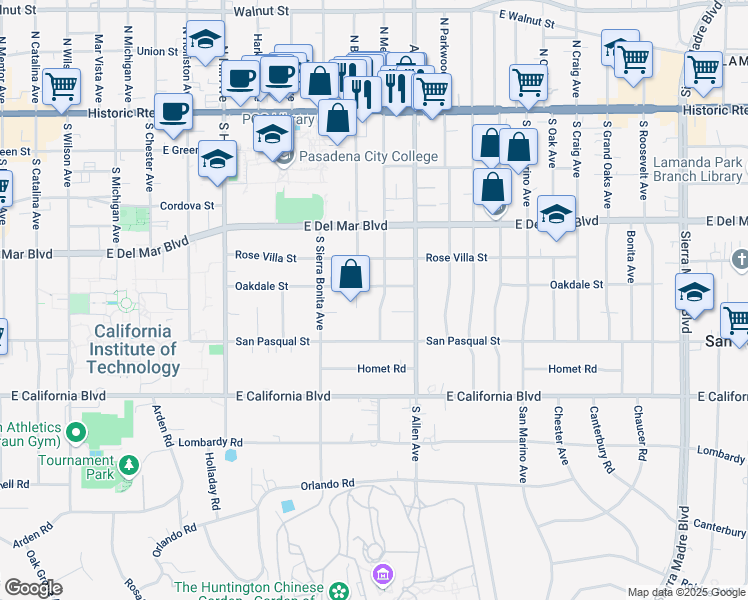 map of restaurants, bars, coffee shops, grocery stores, and more near 1735 Oakdale Street in Pasadena