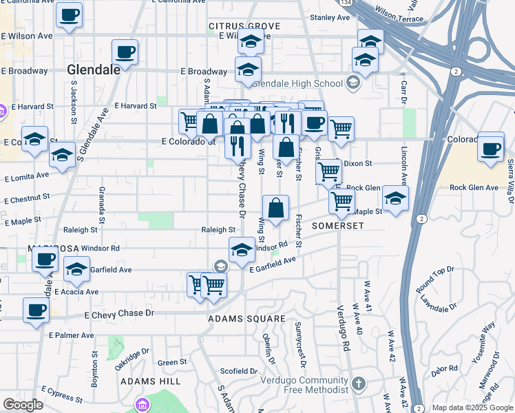 map of restaurants, bars, coffee shops, grocery stores, and more near 522 South Chevy Chase Drive in Glendale