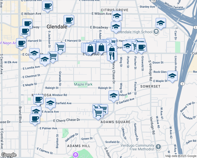 map of restaurants, bars, coffee shops, grocery stores, and more near 513 South Adams Street in Glendale