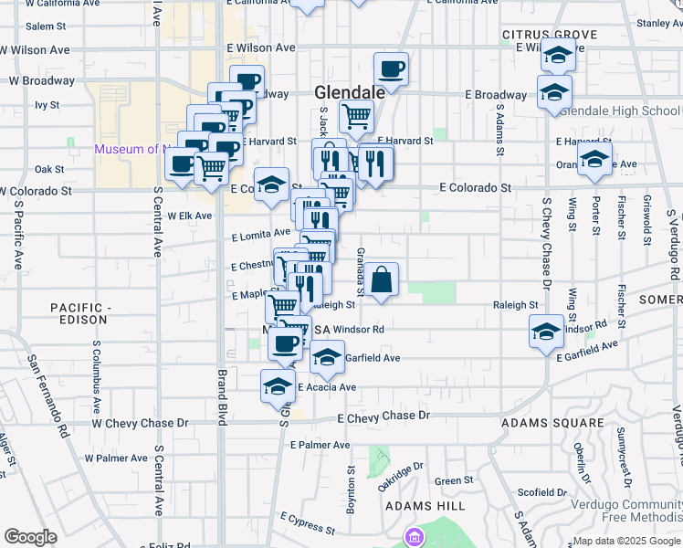 map of restaurants, bars, coffee shops, grocery stores, and more near 511 East Chestnut Street in Glendale