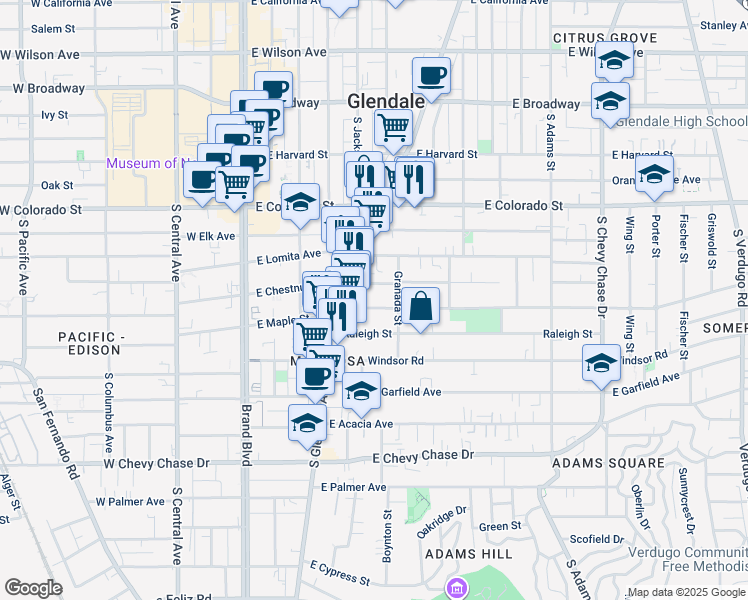 map of restaurants, bars, coffee shops, grocery stores, and more near 511 East Chestnut Street in Glendale