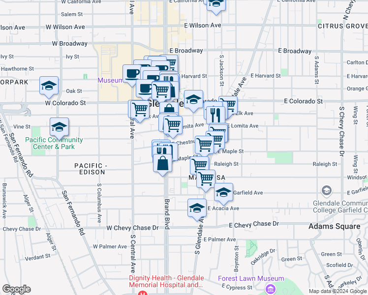 map of restaurants, bars, coffee shops, grocery stores, and more near 115 East Chestnut Street in Glendale
