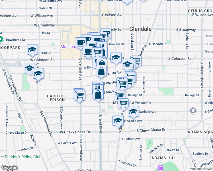 map of restaurants, bars, coffee shops, grocery stores, and more near 115 East Chestnut Street in Glendale