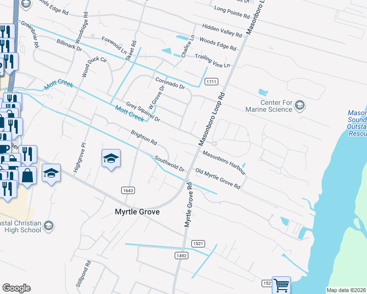 map of restaurants, bars, coffee shops, grocery stores, and more near 109 Barton Oaks Drive in Wilmington