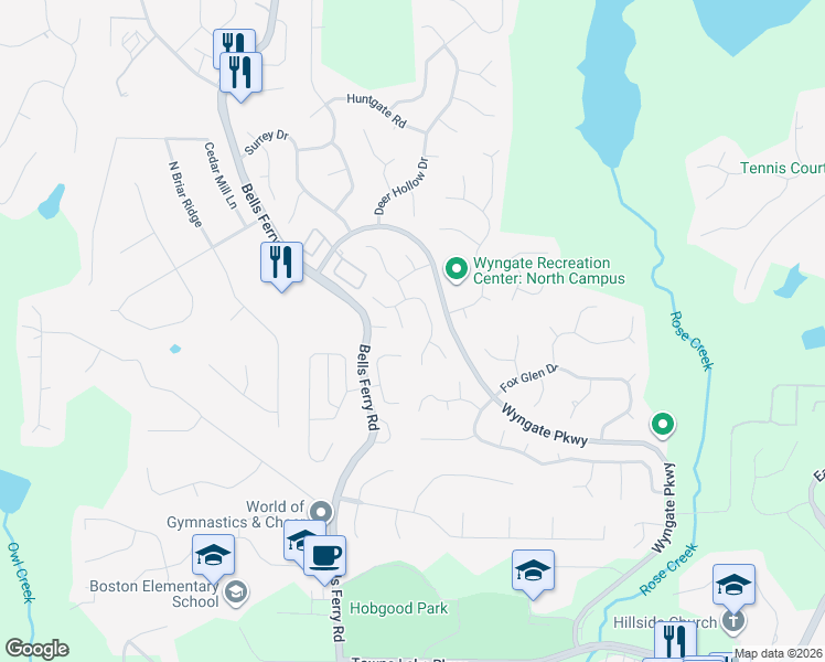map of restaurants, bars, coffee shops, grocery stores, and more near 5013 Wesleyan Drive in Woodstock