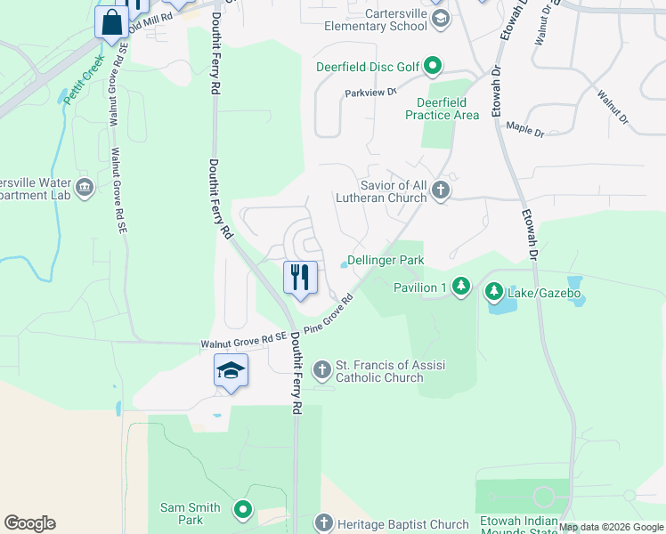 map of restaurants, bars, coffee shops, grocery stores, and more near 17 Lake Haven Drive in Cartersville