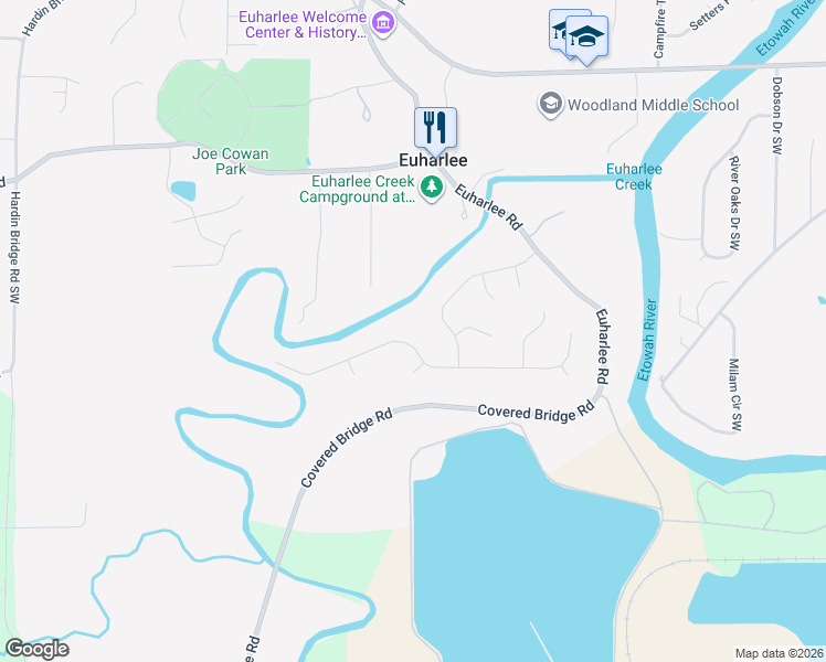 map of restaurants, bars, coffee shops, grocery stores, and more near 56 Lazy Water Drive Southwest in Cartersville