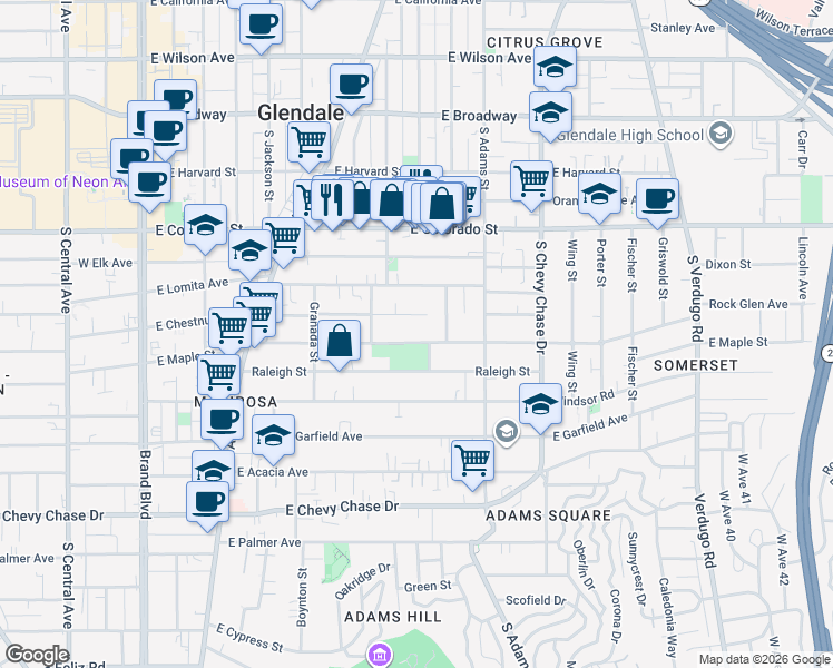map of restaurants, bars, coffee shops, grocery stores, and more near 825 East Maple Street in Glendale