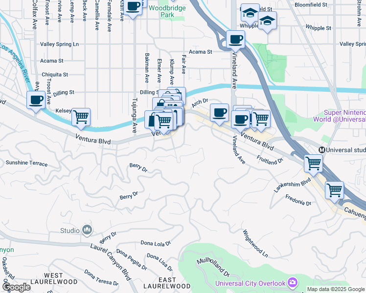map of restaurants, bars, coffee shops, grocery stores, and more near 11268 Sunshine Terrace in Los Angeles