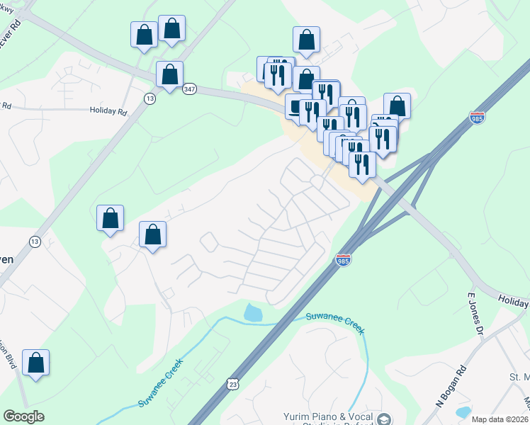 map of restaurants, bars, coffee shops, grocery stores, and more near 5221 Pecan Lane in Buford