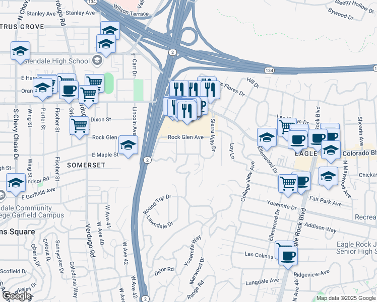 map of restaurants, bars, coffee shops, grocery stores, and more near 2727 El Roble Drive in Los Angeles