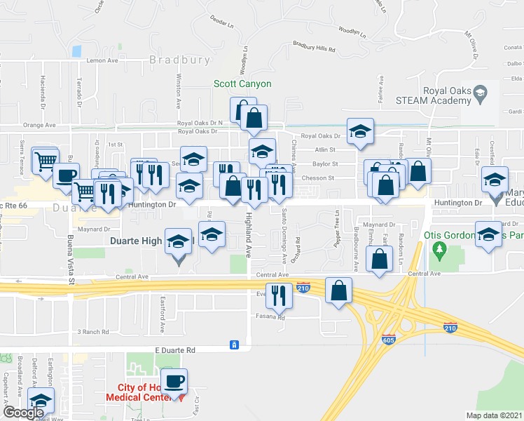 map of restaurants, bars, coffee shops, grocery stores, and more near 1832 Huntington Drive in Duarte