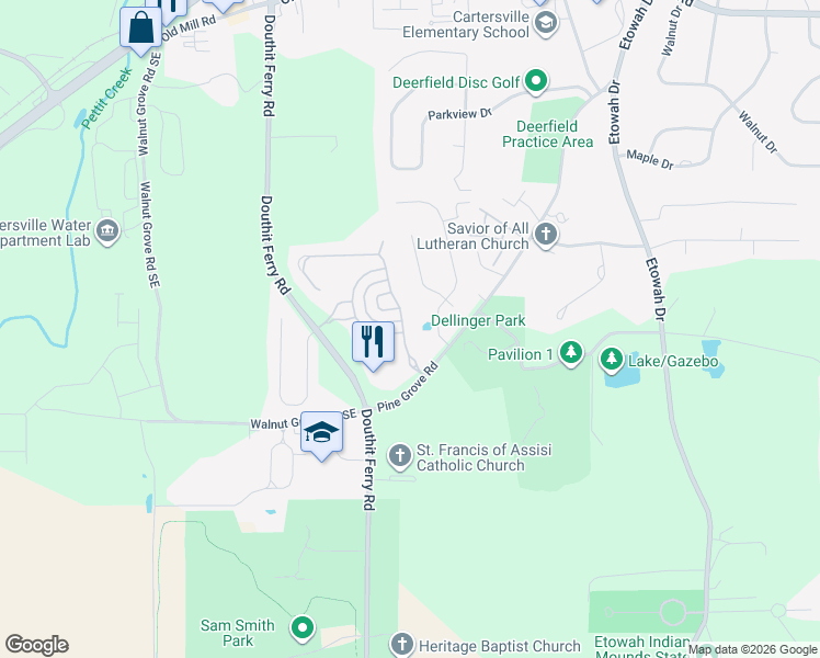 map of restaurants, bars, coffee shops, grocery stores, and more near 17 Lake Haven Drive in Cartersville