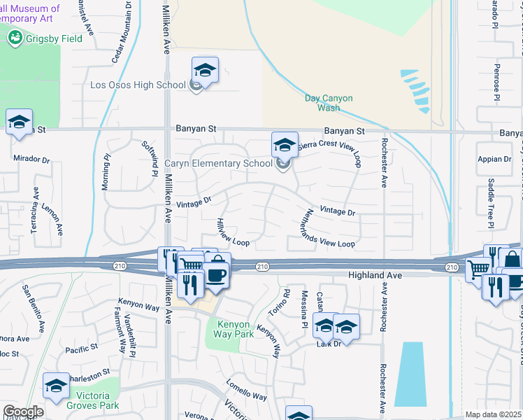map of restaurants, bars, coffee shops, grocery stores, and more near 11565 Mount Hood Court in Rancho Cucamonga