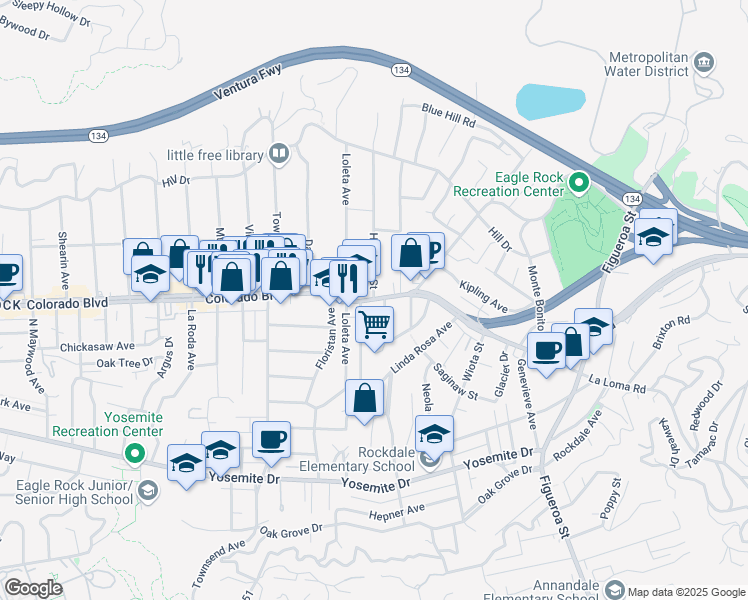 map of restaurants, bars, coffee shops, grocery stores, and more near Colorado Boulevard & Hartwick Street in Los Angeles