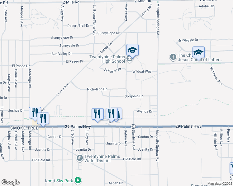 map of restaurants, bars, coffee shops, grocery stores, and more near 72575 Nicholson Drive in Twentynine Palms