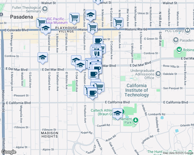 map of restaurants, bars, coffee shops, grocery stores, and more near 345 South Lake Avenue in Pasadena