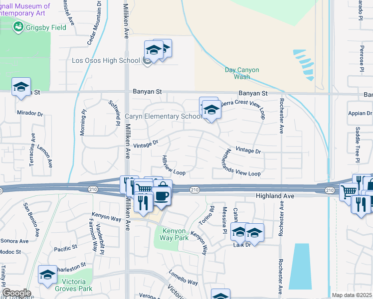 map of restaurants, bars, coffee shops, grocery stores, and more near 11537 Mount Hood Court in Rancho Cucamonga