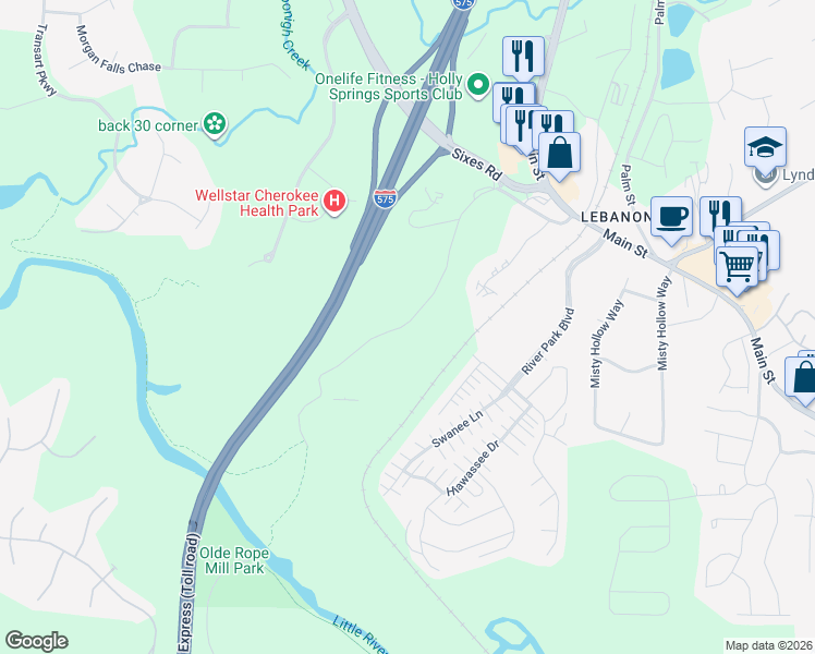 map of restaurants, bars, coffee shops, grocery stores, and more near 635 North Rope Mill Road in Woodstock