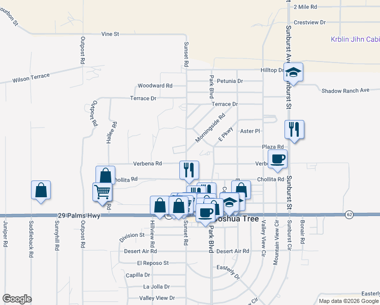map of restaurants, bars, coffee shops, grocery stores, and more near 6036 Sunset Road in Joshua Tree